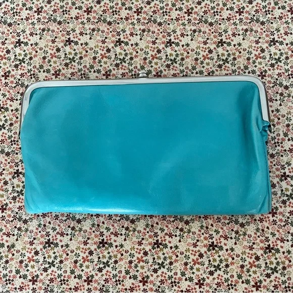 HOBO Leather Lauren Clutch in a Light Aqua,Turquoise Blue with Dust Bag - Picture 2 of 10